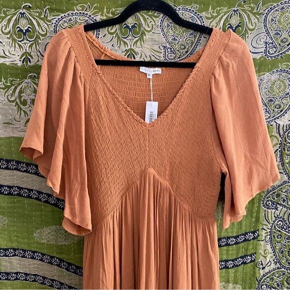 NWT Baltic Born Camel Felicity Smocked Soft Girl Midi Dress Size Extra Large - Picture 5 of 14